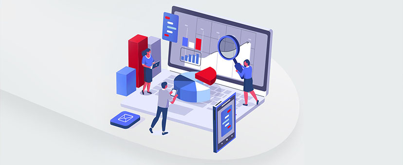 Illustration of a laptop with people, charts and communication icons Illustration of a laptop with people, charts and communication icons