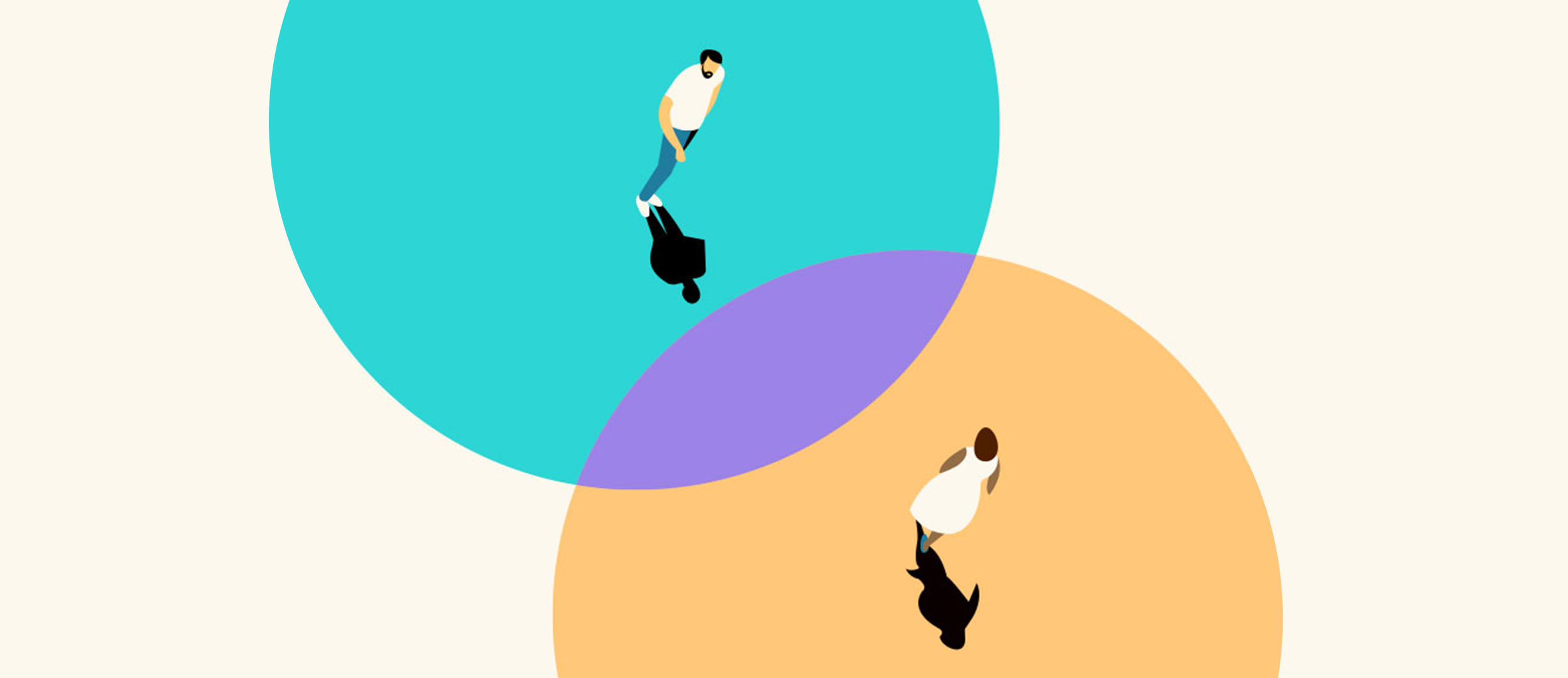 Illustration of a man and a woman standing in separate-colored circles with an overlap of another color in between them Illustration of a man and a woman standing in separate-colored circles with an overlap of another color in between them